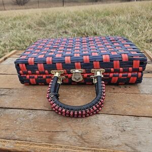 Woven Red and Blue Handbag with Beaded Handle
